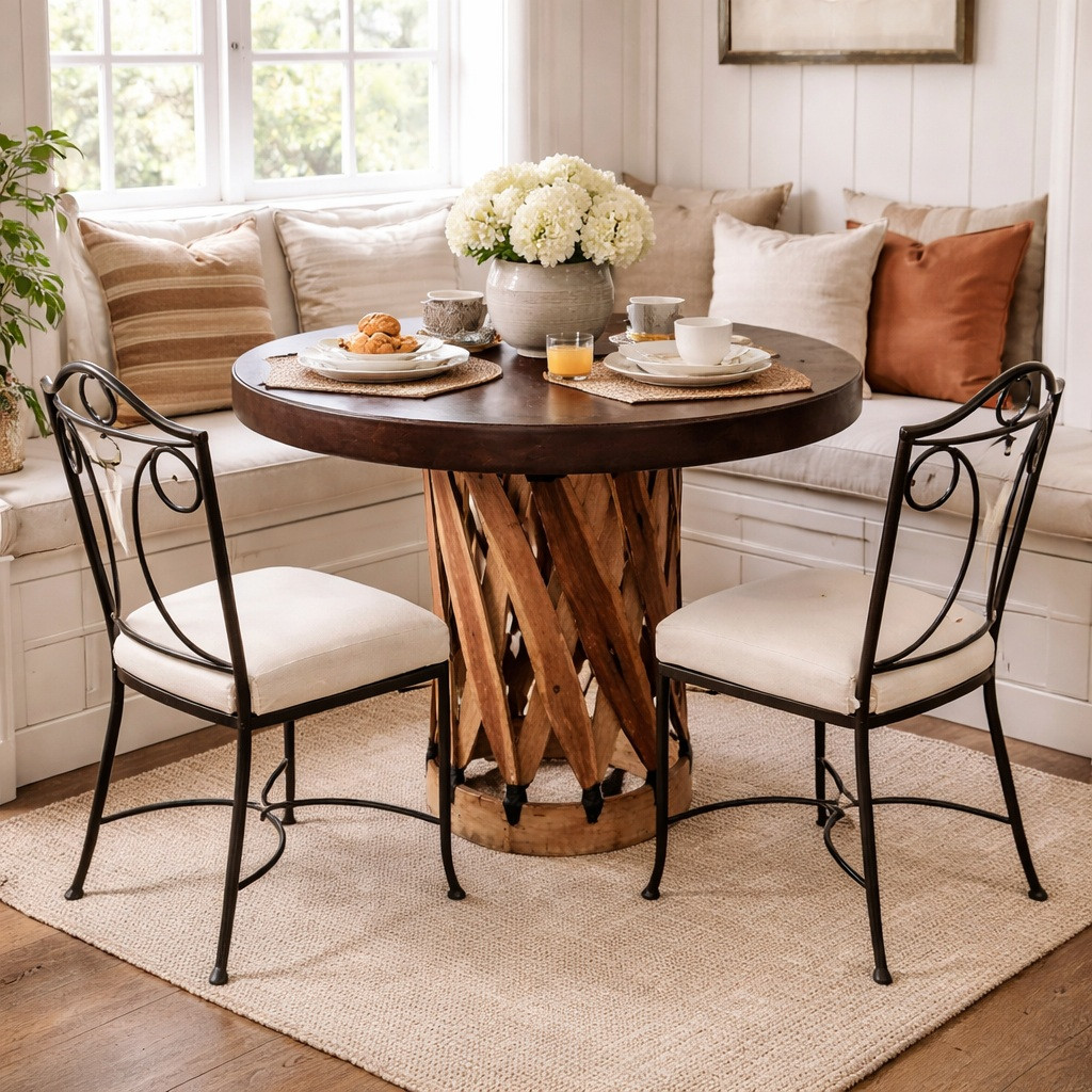 Round equipal table with a pigskin top in a cozy breakfast nook