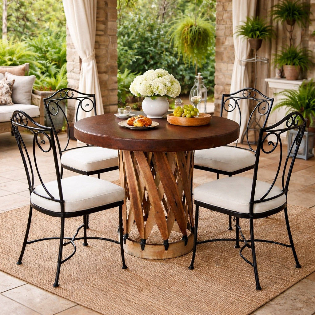 Round equipal table with a pigskin top on a veranda