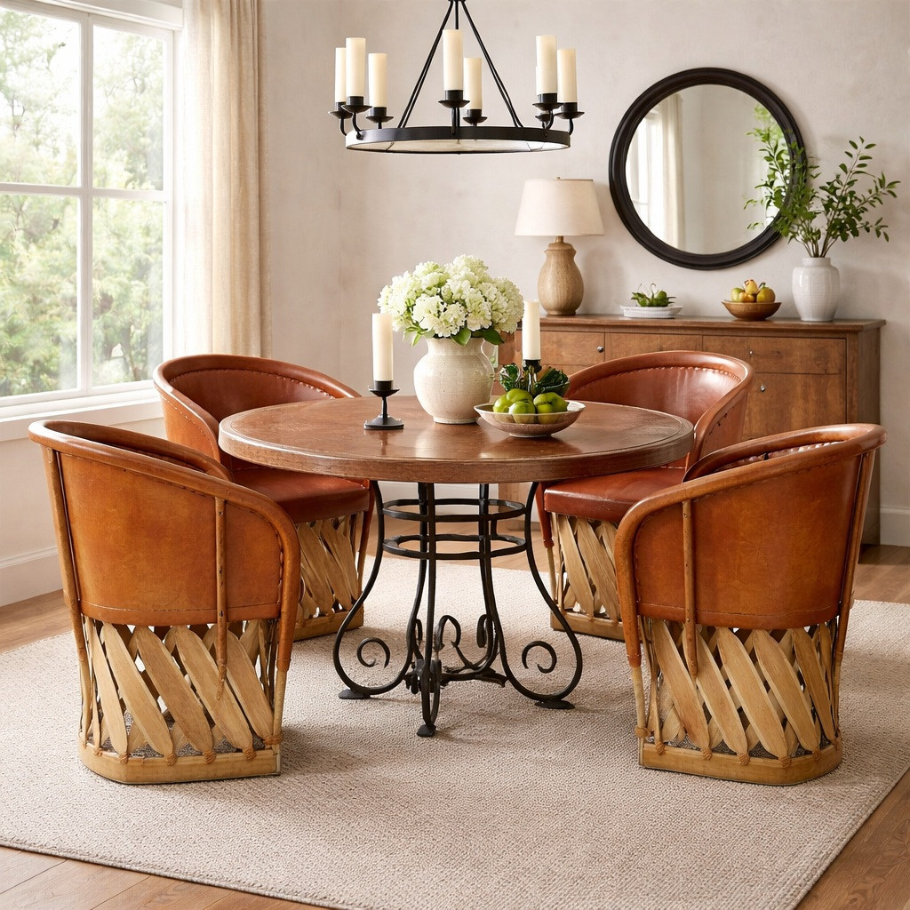 Traditional Mexican equipal armchair in a dining room with curved wood frame and pigskin leather seat