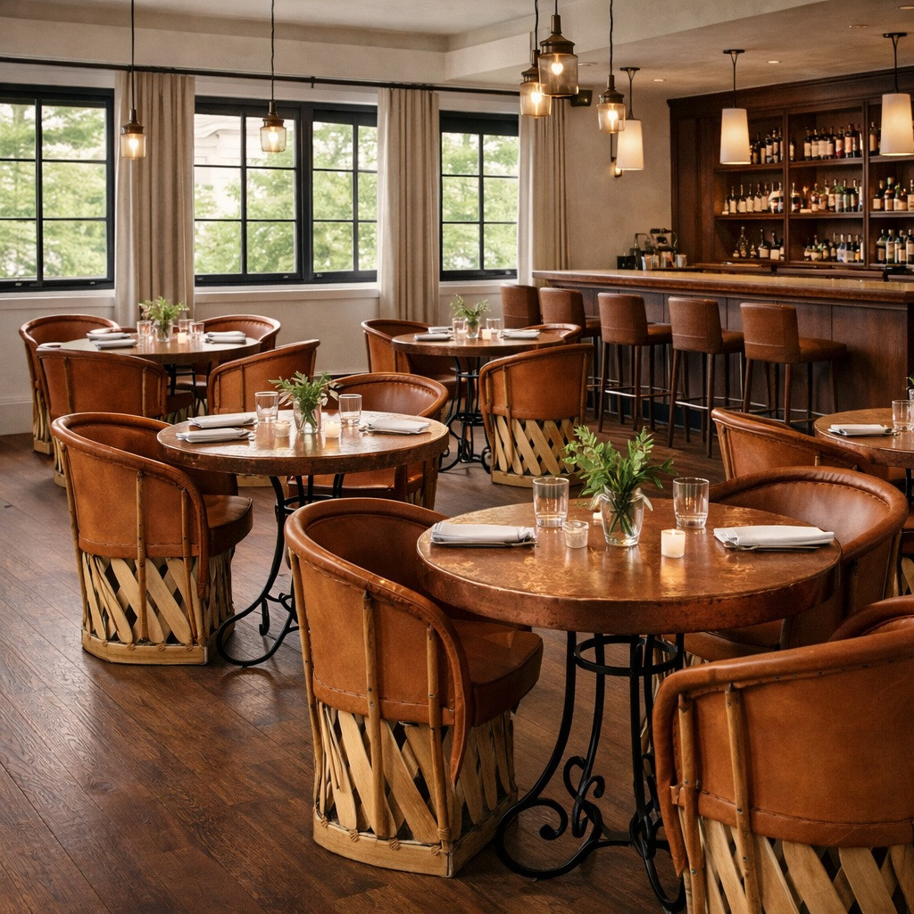 Traditional Mexican equipal armchair in cherry wood and pig skin in a modern restuarant with rustic flavour