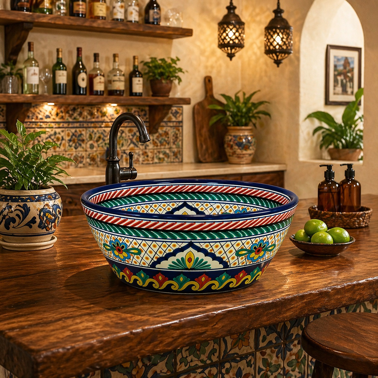 talavera cone shape round bath sink cobalt floral design on a kitchen bar with wood countertop and warm ambient light