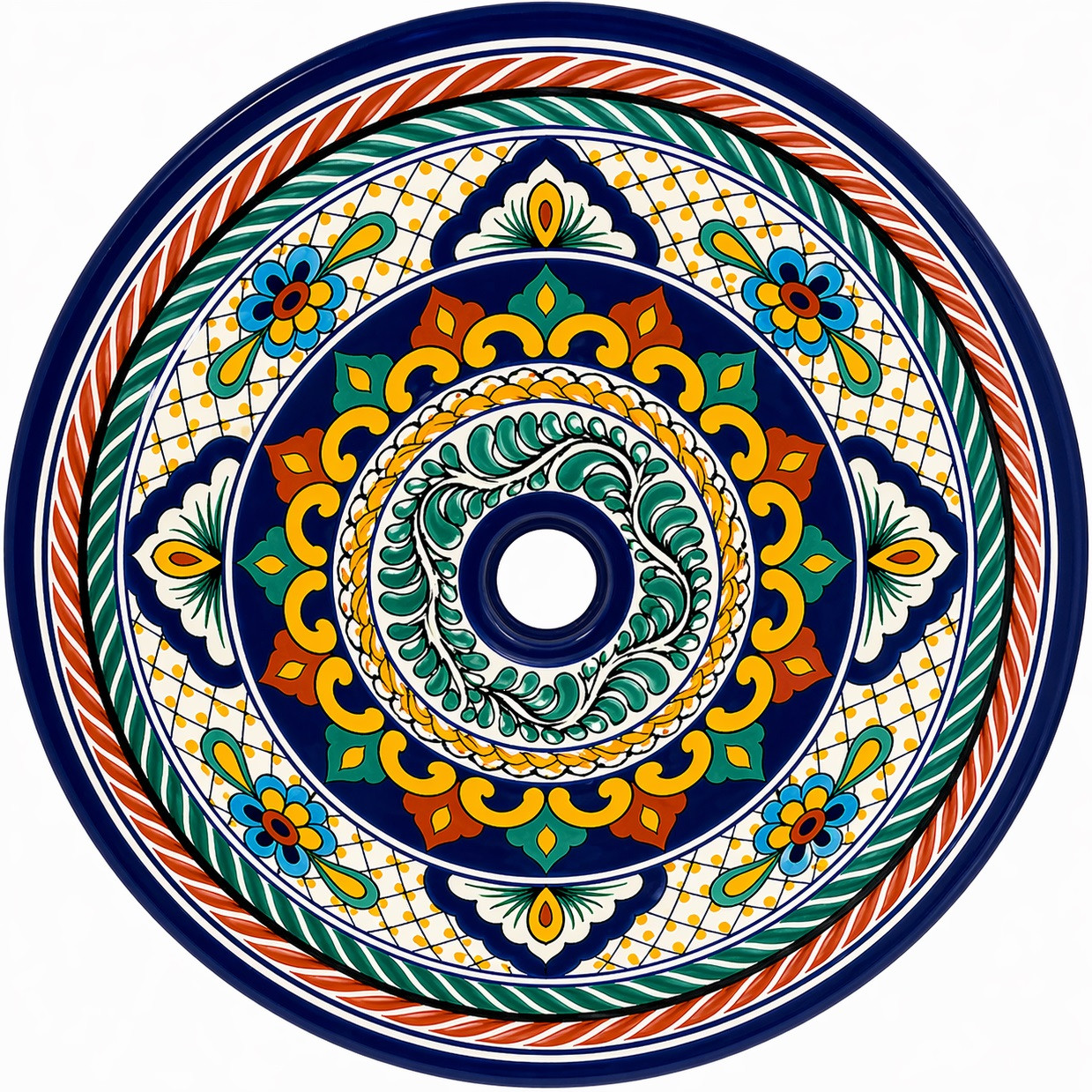 talavera cone shape round bath sink cobalt floral design topview