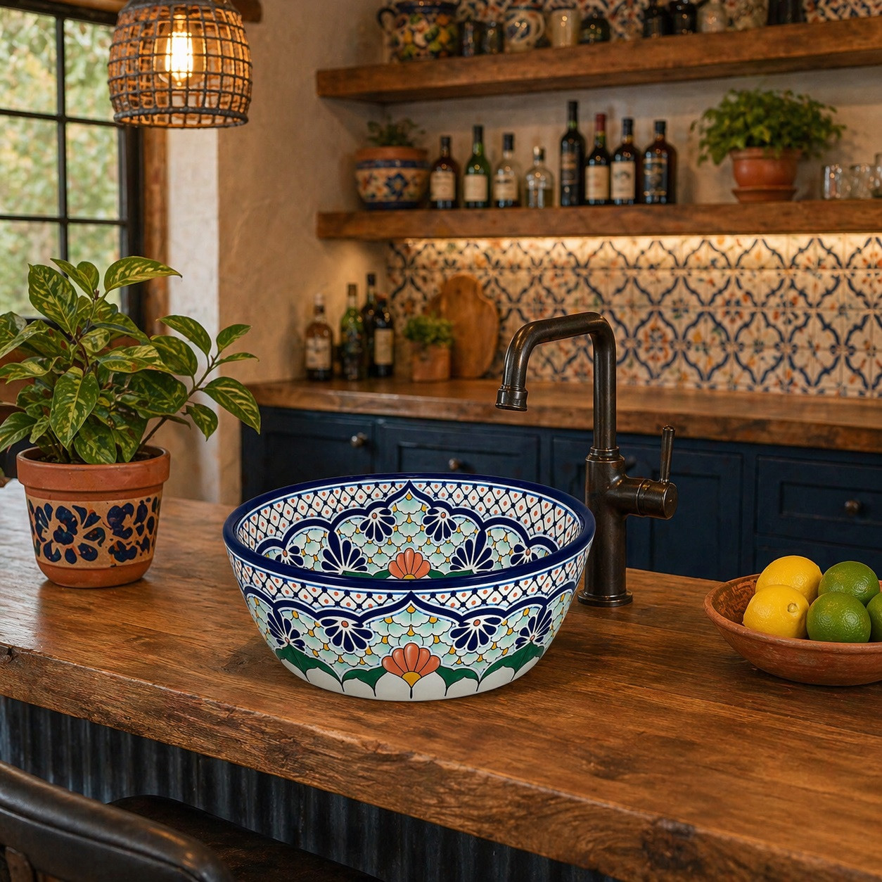 Mexican talavera floral cobalt bath bathroom sink styled in a kitchen bar with rustic wood surface