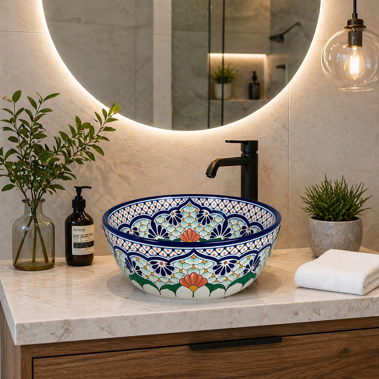 Mexican talavera floral cobalt bath bathroom sink installed in a modern bathroom with stone countertop