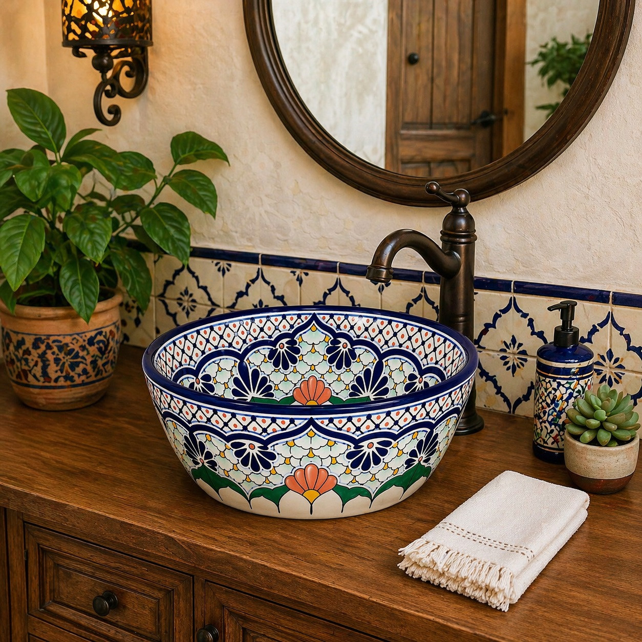 Mexican talavera floral cobalt bath bathroom sink in a bathroom vanity with natural light and wood accents