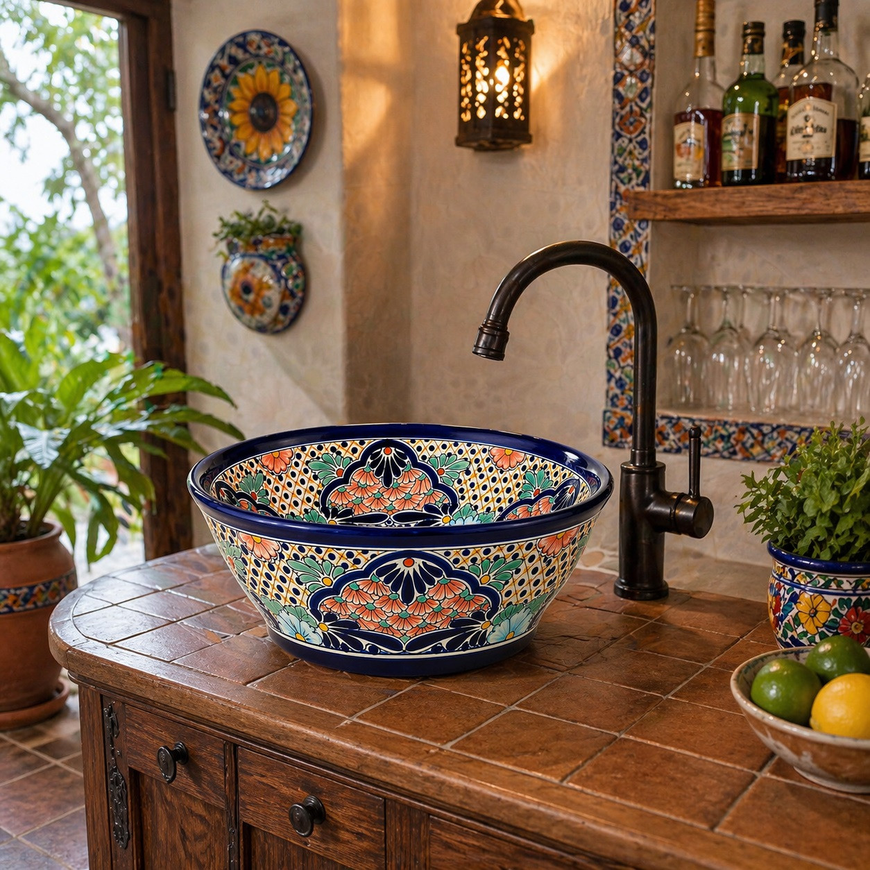 Talavera bath cone shape vessel sink with flowers installed in kitchen bar adding colorful focal point