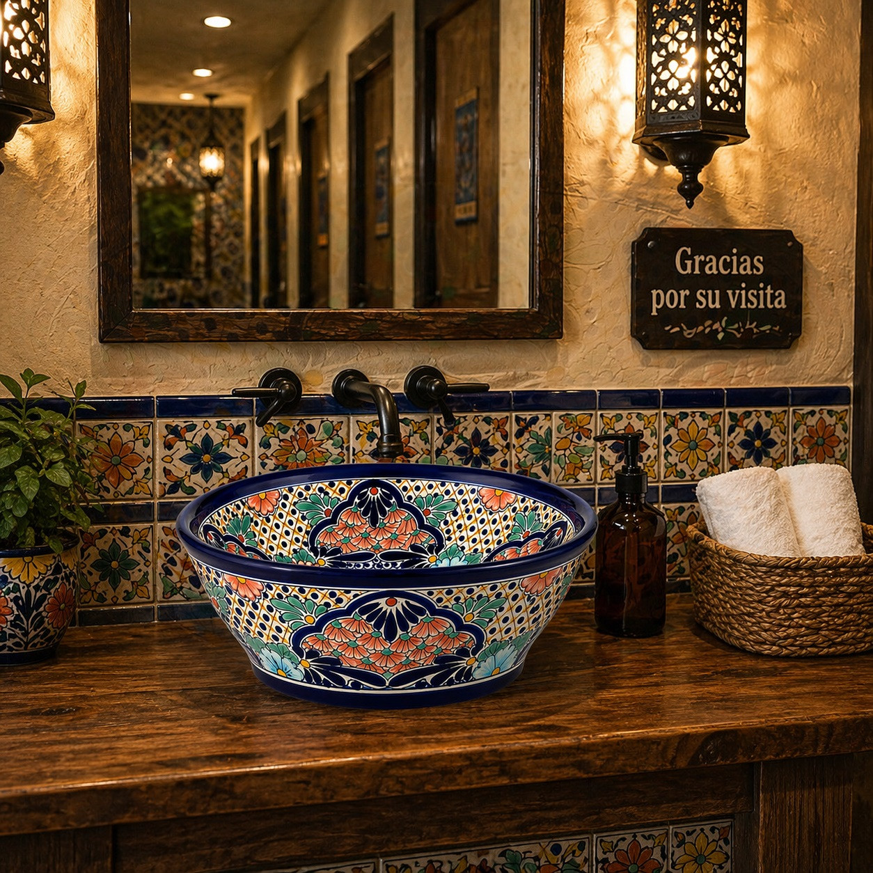 Talavera bath cone shape vessel sink with flowers placed in restaurant restroom with artisan atmosphere