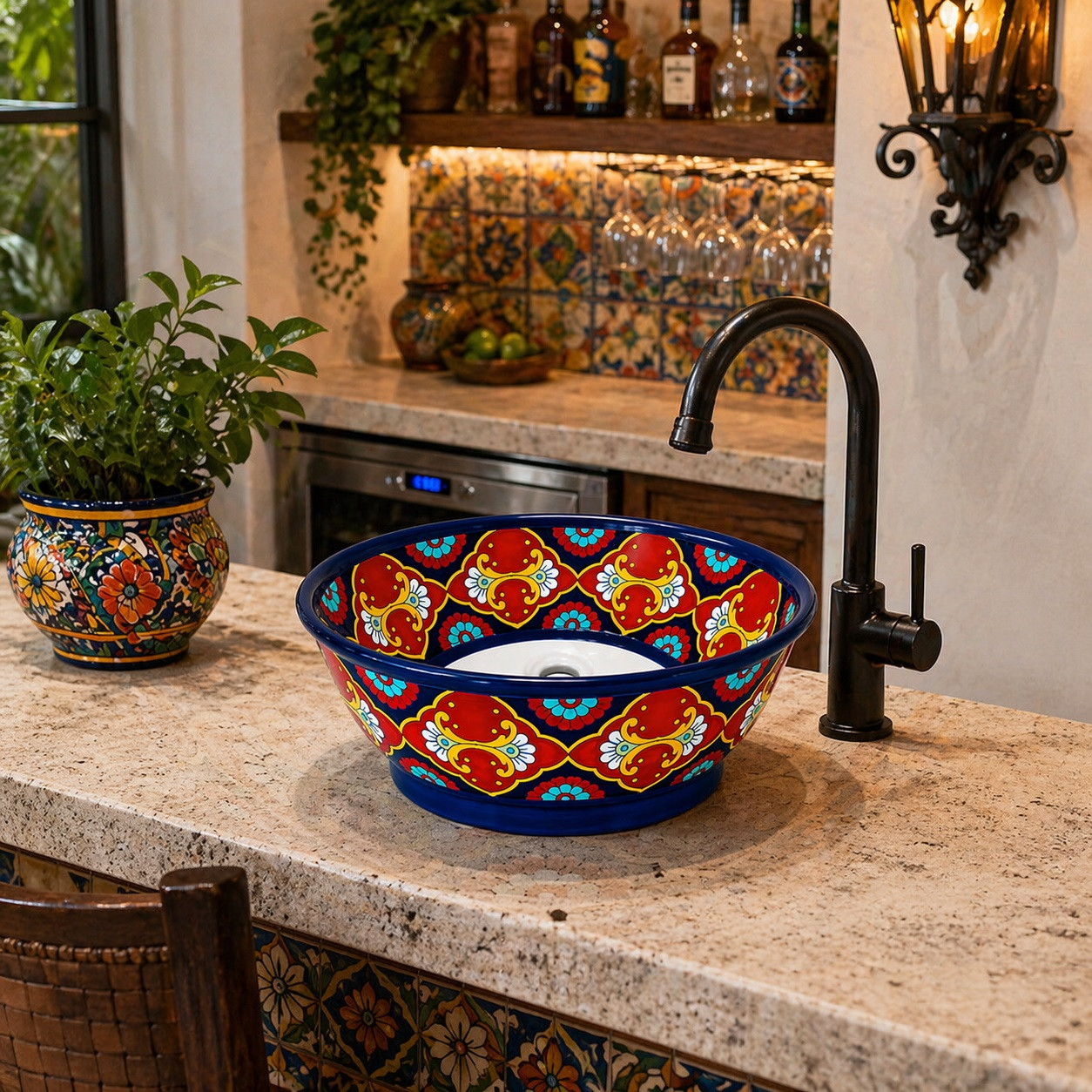 Talavera round bath cone shape vessel sink design in kitchen bar setting with decorative Mexican ceramic accent