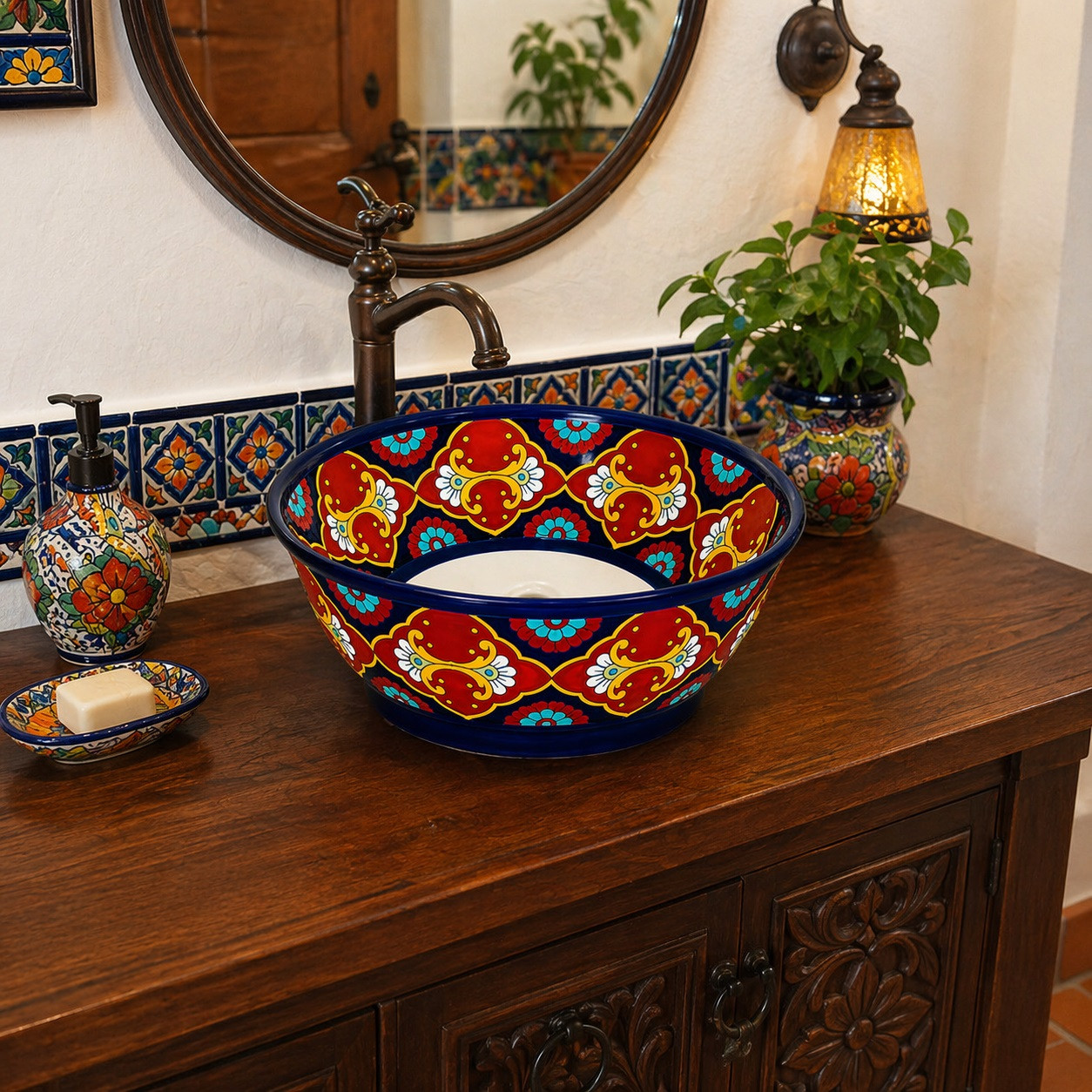 Talavera round bath cone shape vessel sink design in bathroom vanity with handcrafted ceramic detail and bold Talavera colors