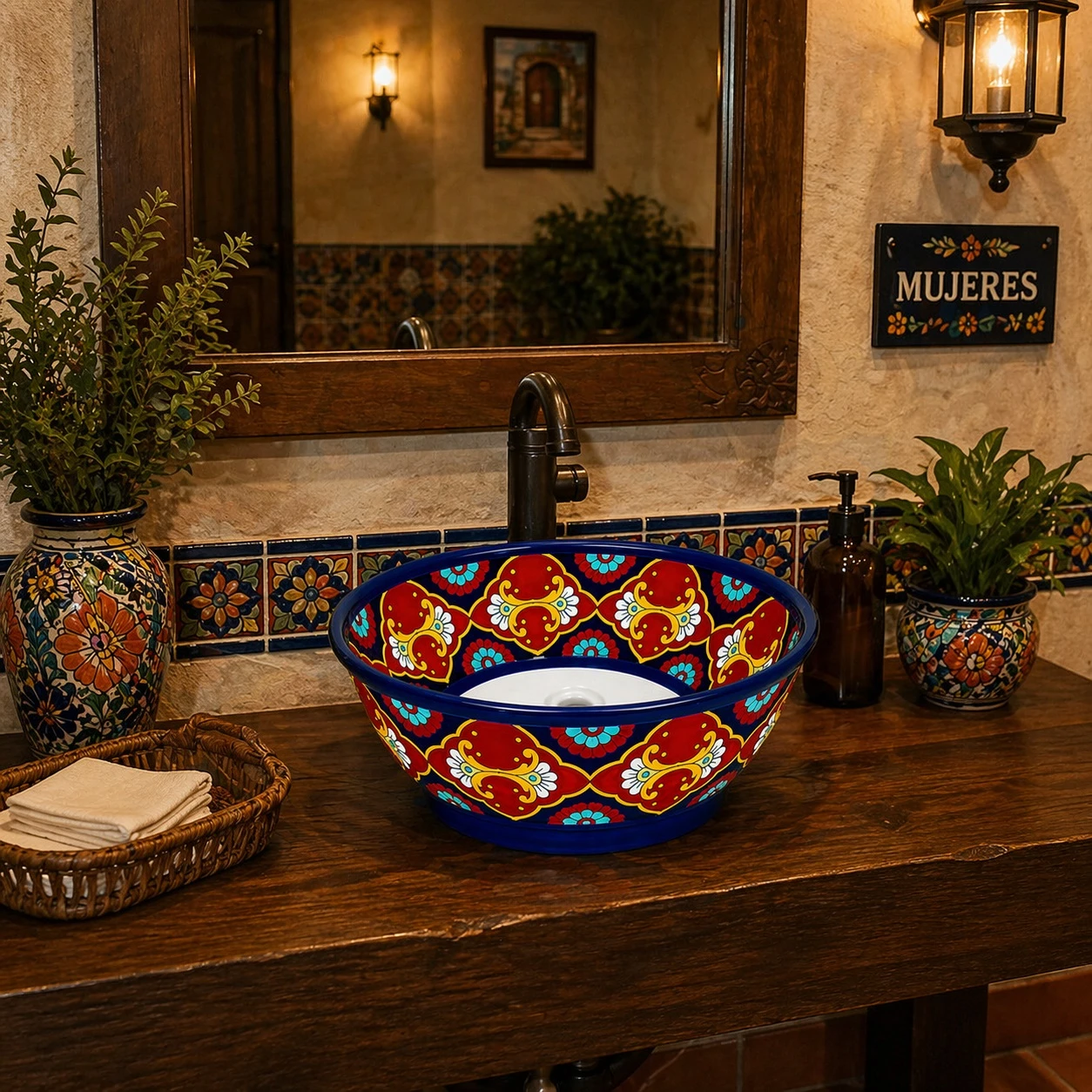 Talavera round bath cone shape vessel sink design in restaurant restroom adding colorful handcrafted visual interest