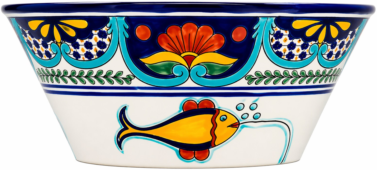Mexican talavera fish floral round bath sink profile