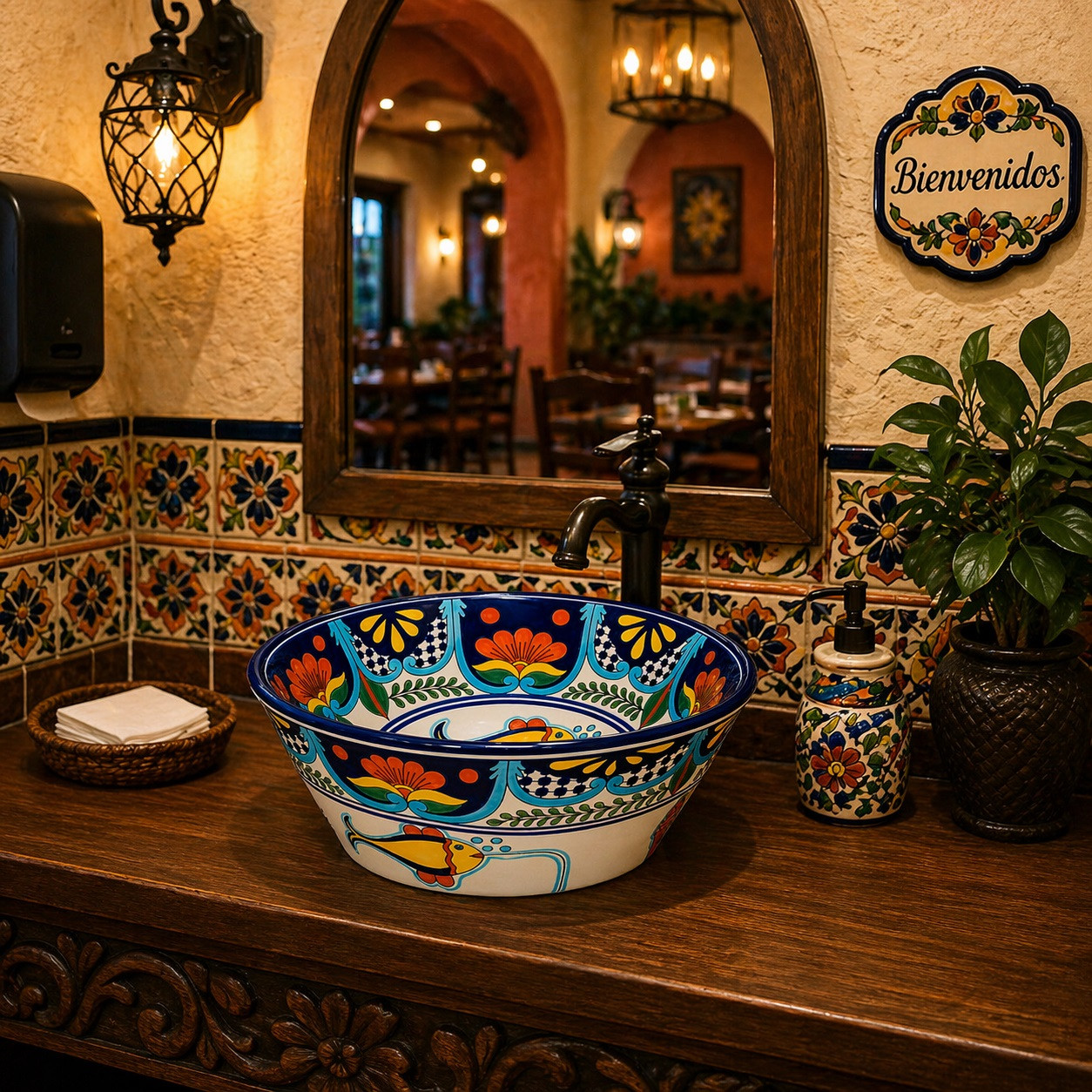 Mexican talavera fish floral round bath sink featured in a restaurant restroom with decorative tiles and warm lighting