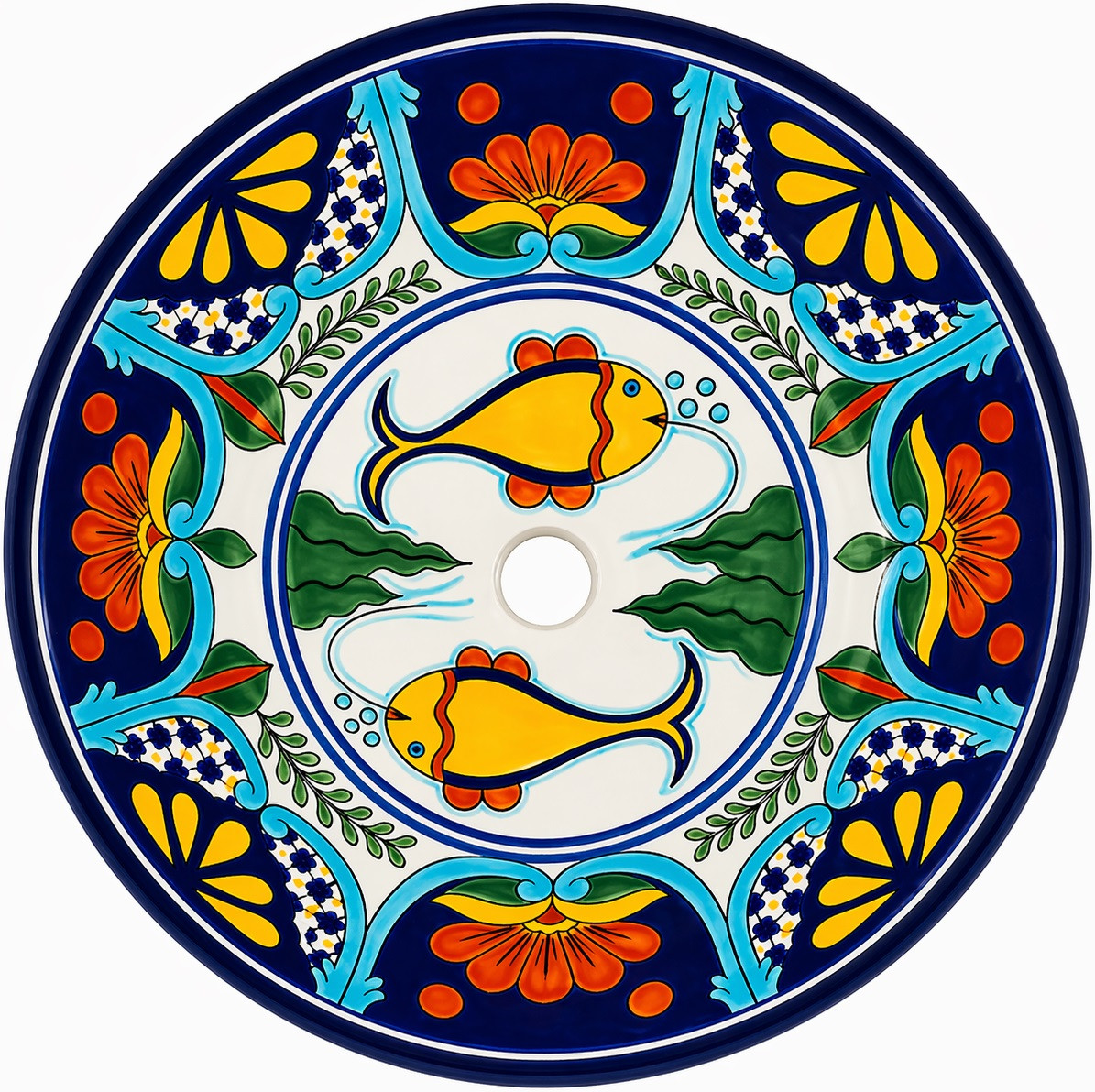 Mexican talavera fish floral round bath sink topview
