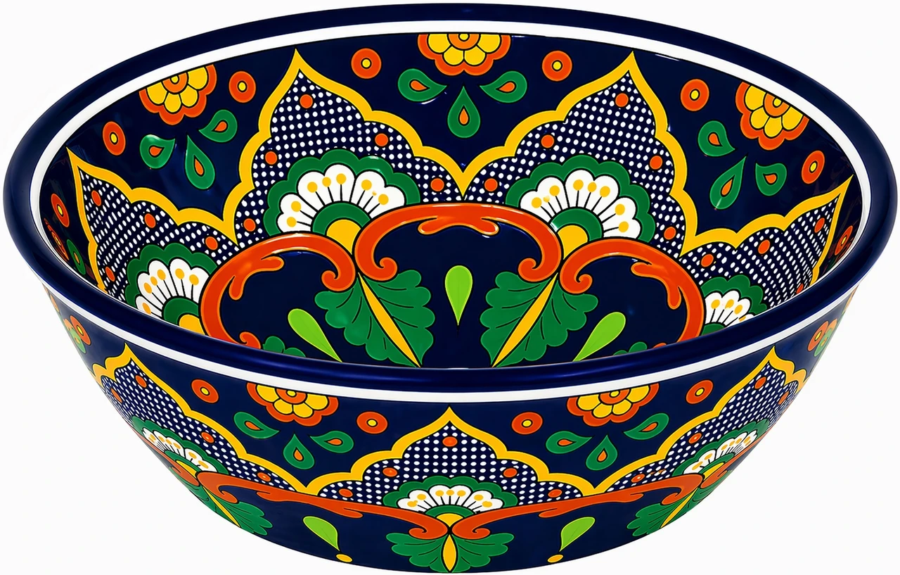 Talavera bath sink blue floral pattern cone shape design