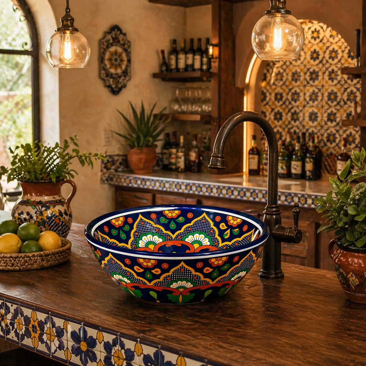 Talavera bath sink blue floral pattern design styled in a kitchen bar area with rustic wood countertop