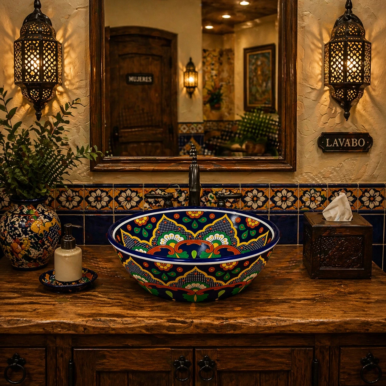 Talavera bath sink blue floral pattern design featured in a restaurant restroom with decorative tile accents