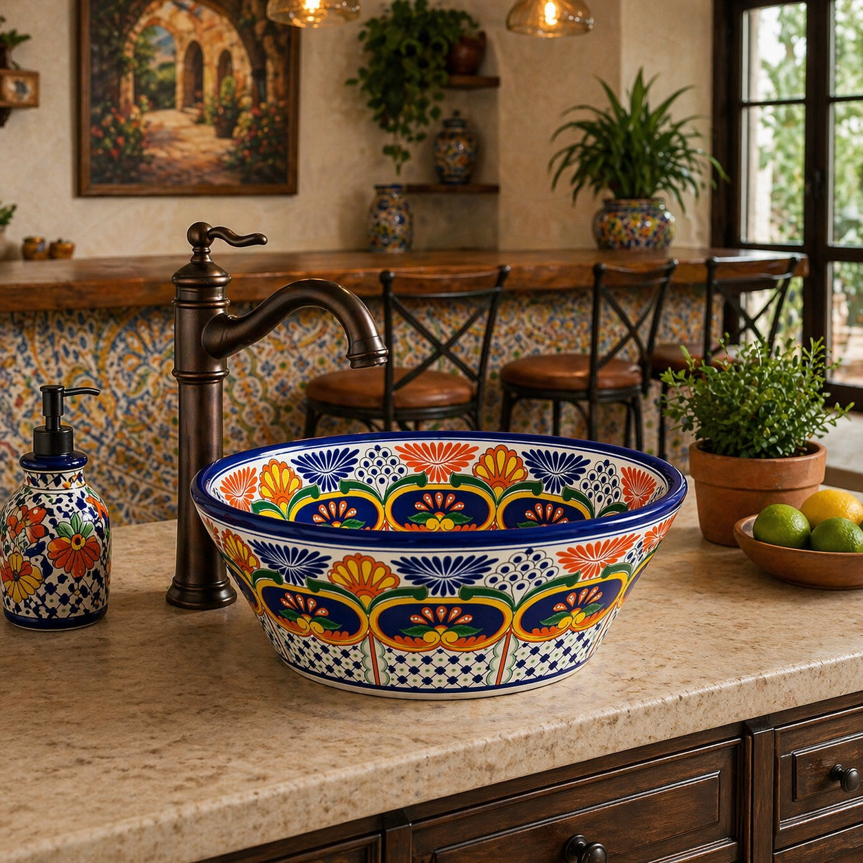 Floral talavera round bath cone shape vessel sink in kitchen bar with rustic countertop and decorative setting