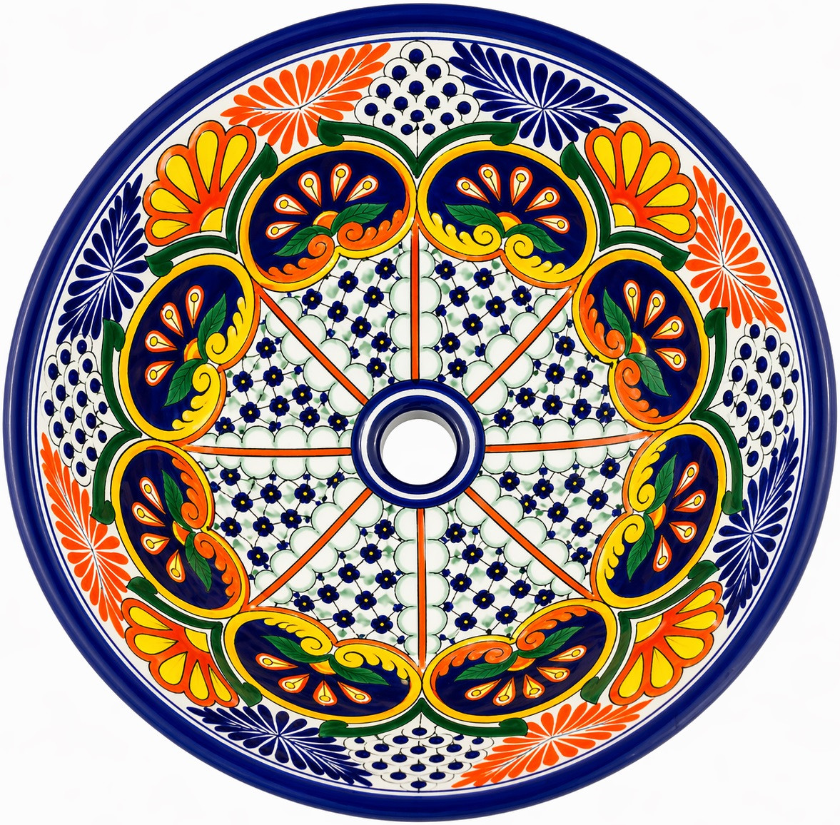 Floral talavera round bath cone shape vessel sink topview