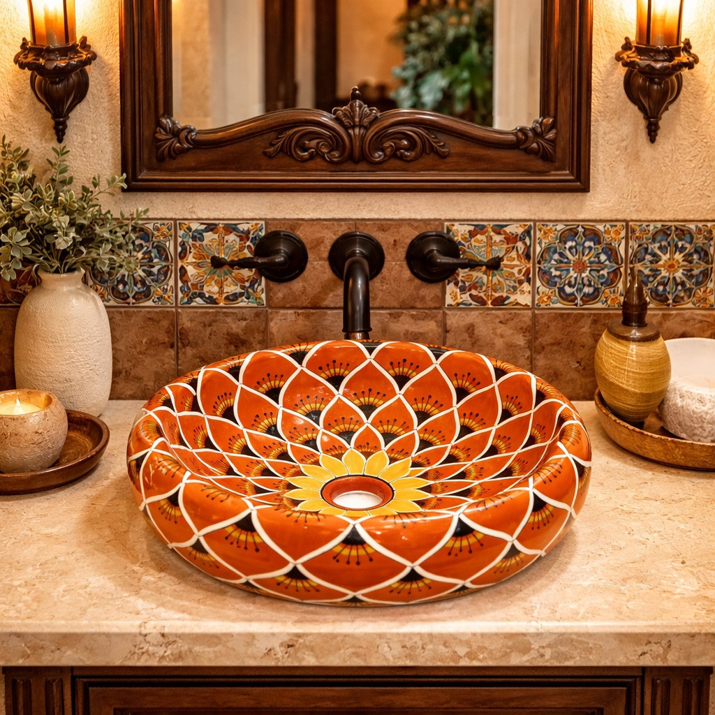 Talavera Bathroom Vessel Sink Orange Lotus Petal Design