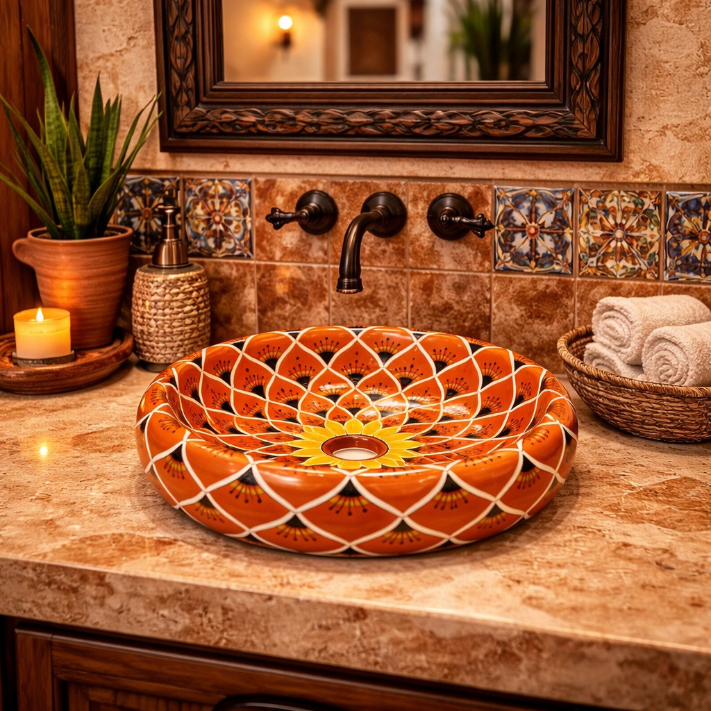 Talavera bathroom vessel sink orange lotus petal design in a hacienda bathroom creating a bold focal point with rustic charm