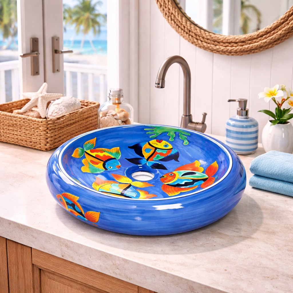 Talavera vessel Mexican bathroom sink colorful fish design in a beach house bathroom with relaxed decor style