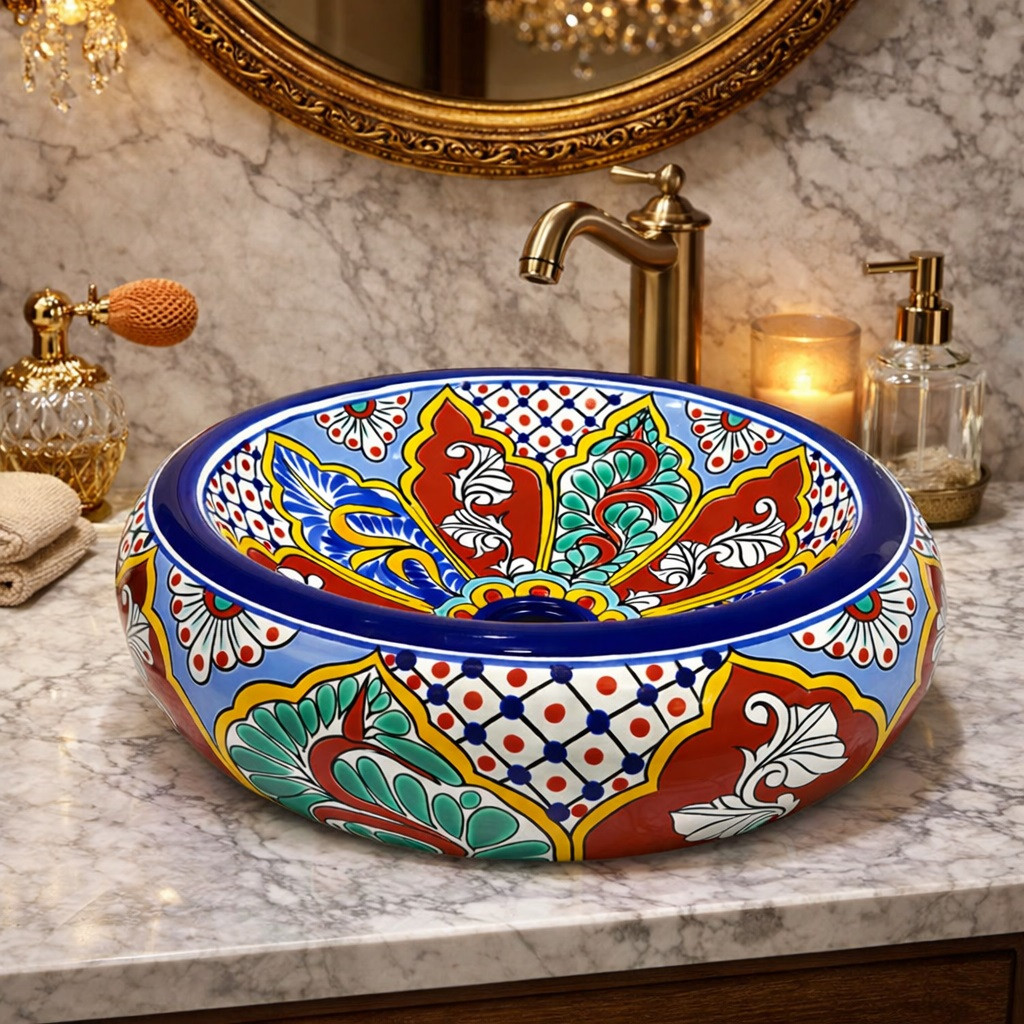 Mexican talavera donut vessel bathroom sink handcrafted design in luxury vanity setting with elegant materials and finishes