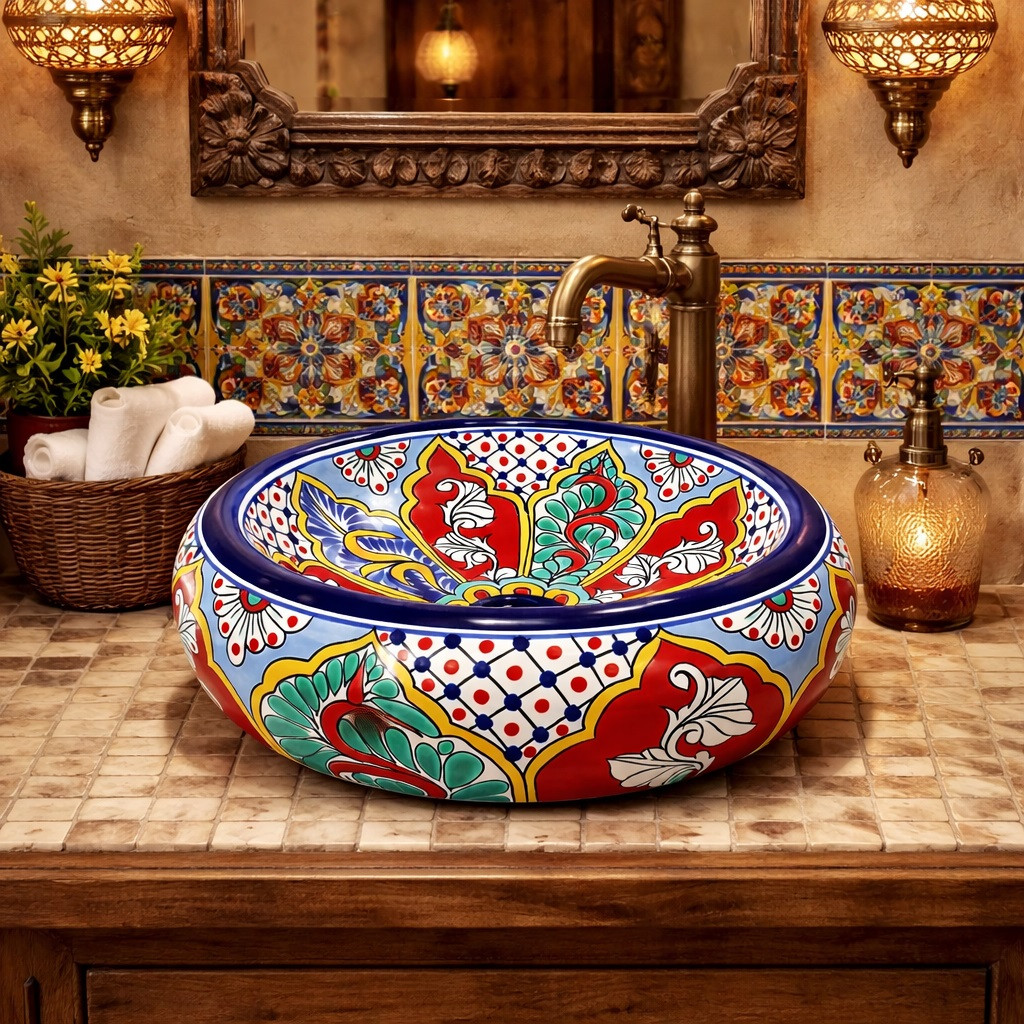 Mexican talavera donut vessel bathroom sink handcrafted design in restaurant restroom with vibrant decor and artisan tile details