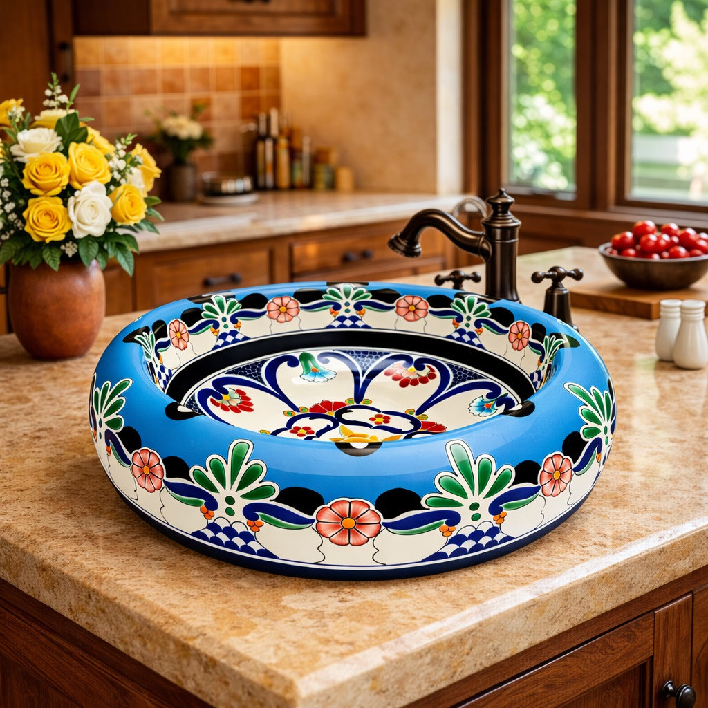 Turquoise floral talavera vessel Mexican bathroom sink design on a kitchen island with rustic wood and natural light