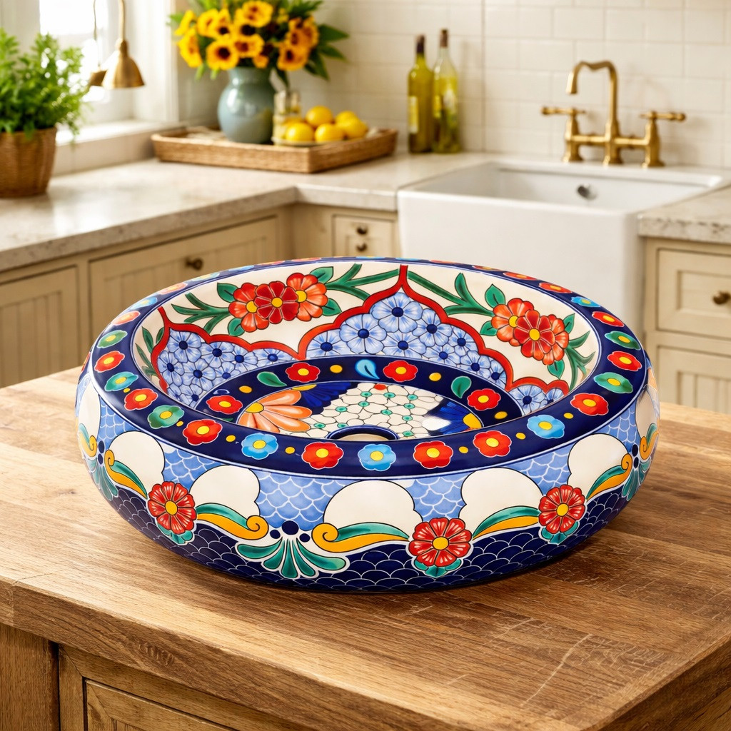 Talavera floral arch vessel Mexican bathroom sink displayed on a kitchen island with rustic wood and bright natural lighting