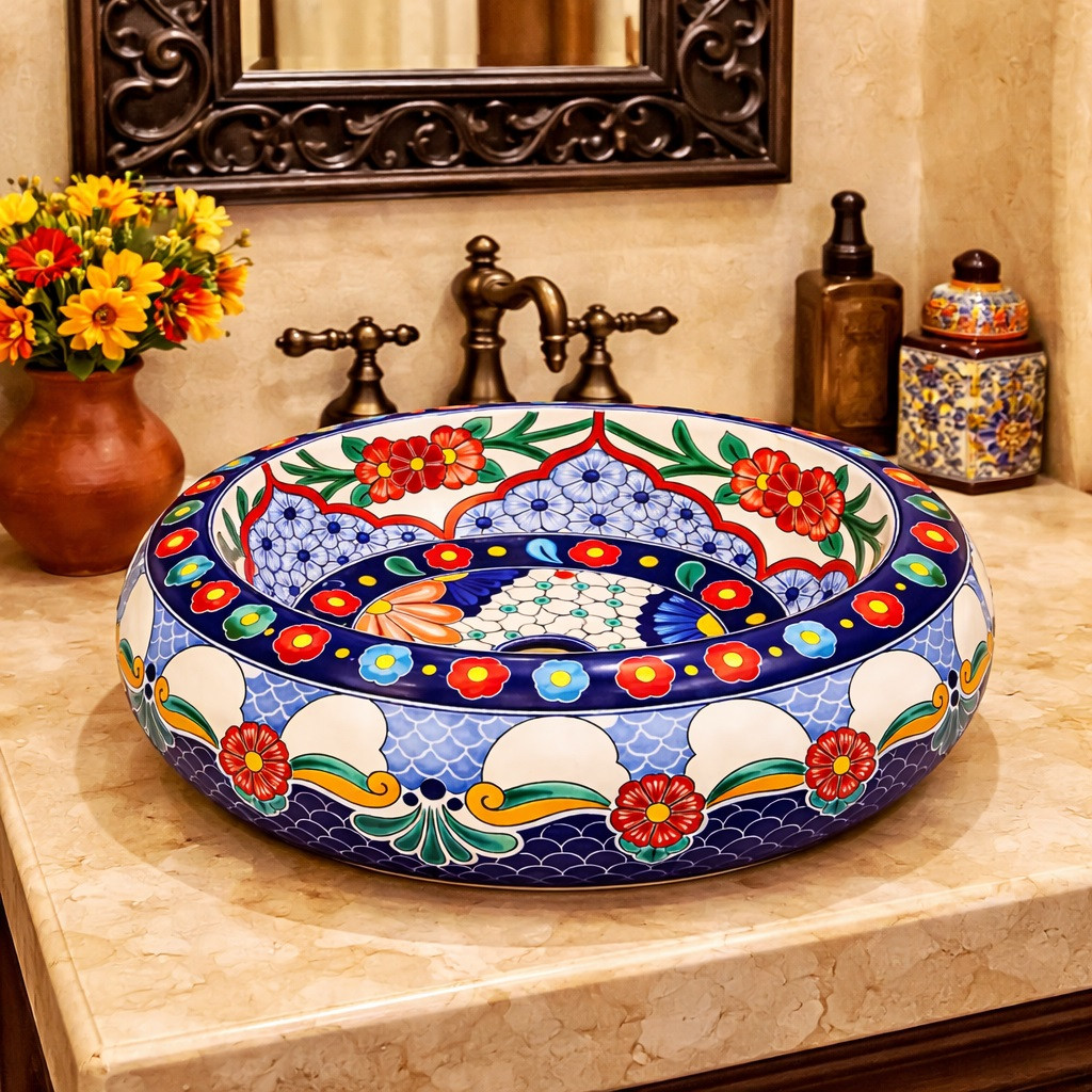 Talavera floral arch vessel Mexican bathroom sink installed in a Spanish Revival bathroom with stucco walls and iron accents