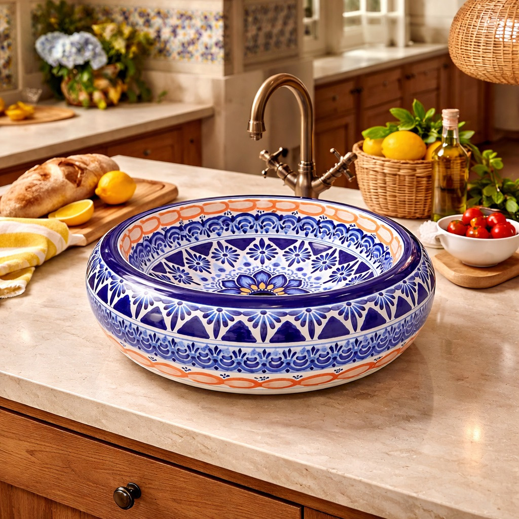 Talavera vessel Mexican bathroom sink blue floral design in a kitchen island with natural light and clean surfaces