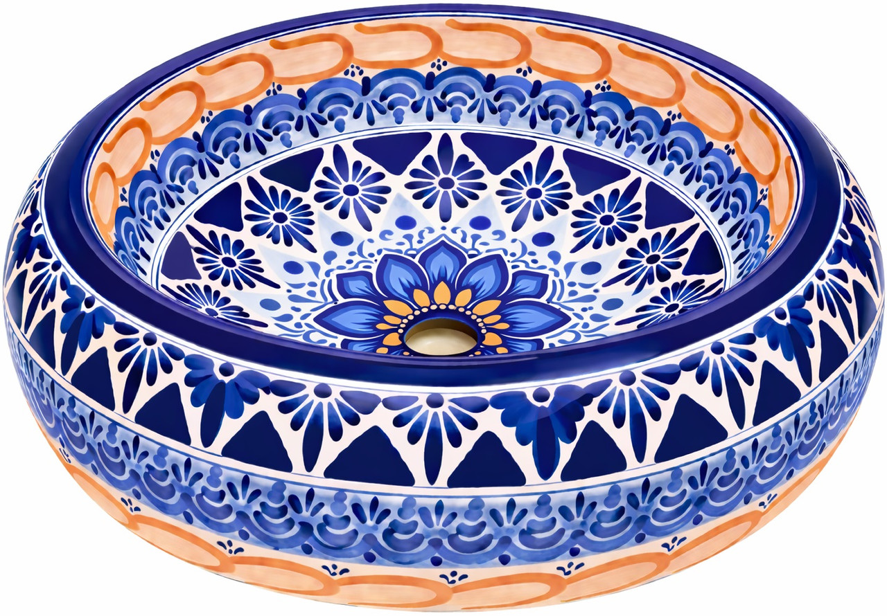 Talavera vessel Mexican bathroom sink blue floral design