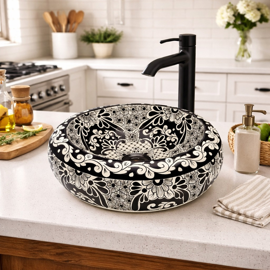 Round talavera vessel Mexican bathroom sink black white in kitchen island with bright natural light