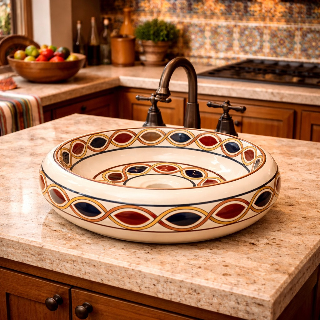 Talavera vessel bathroom sink cream loop design handmade on kitchen island with stone countertop