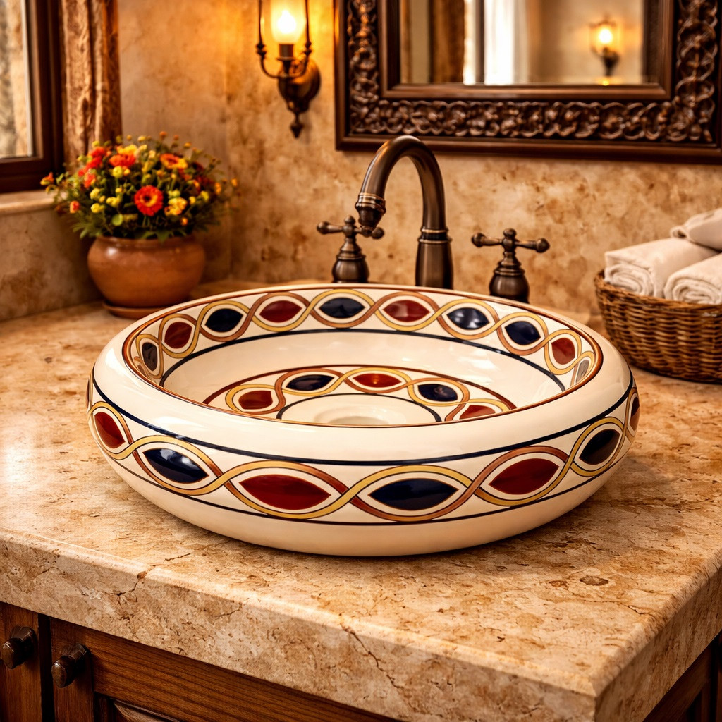 Talavera vessel bathroom sink cream loop design handmade in Spanish Revival bathroom with stucco walls