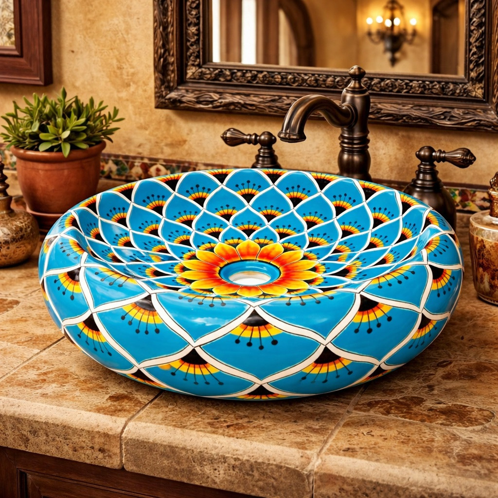 Talavera vessel bathroom sink donut floral design handmade in Spanish Revival bathroom with warm tones