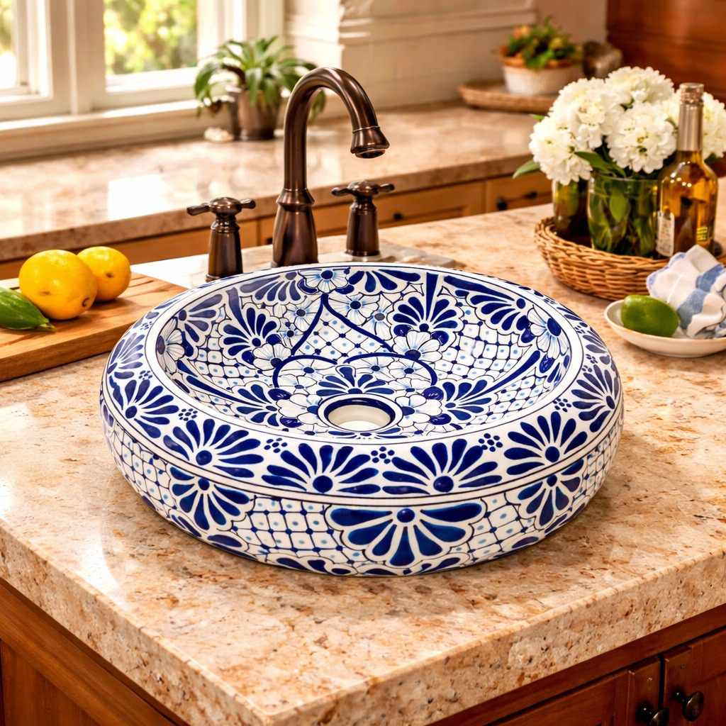 Talavera vessel bathroom sink blue white floral handmade on kitchen island with bright natural lighting