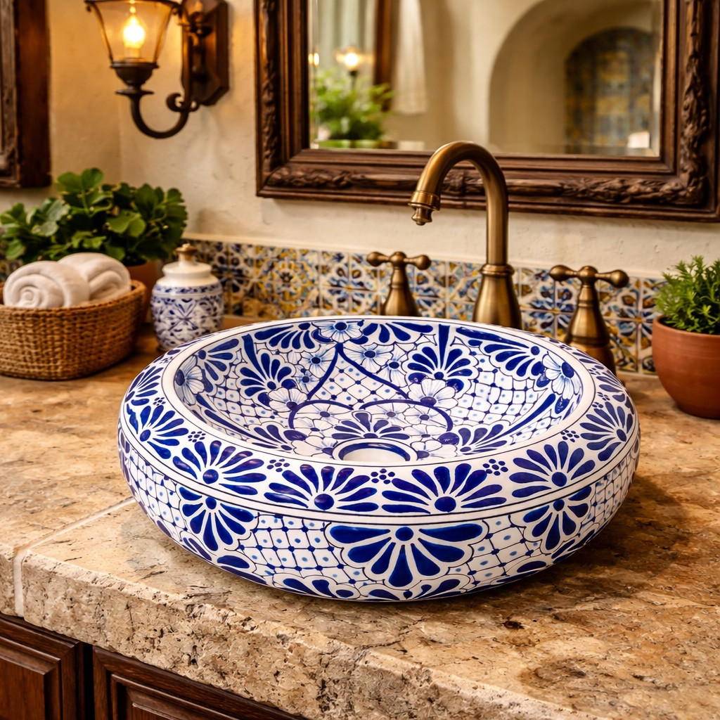 Talavera vessel bathroom sink blue white floral handmade in hacienda bathroom with rustic finishes