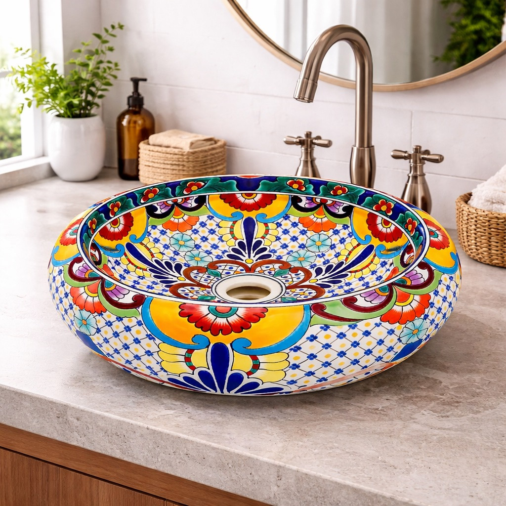 Talavera vessel Mexican bathroom sink floral lattice design in a modern bathroom with neutral tones and open window lighting