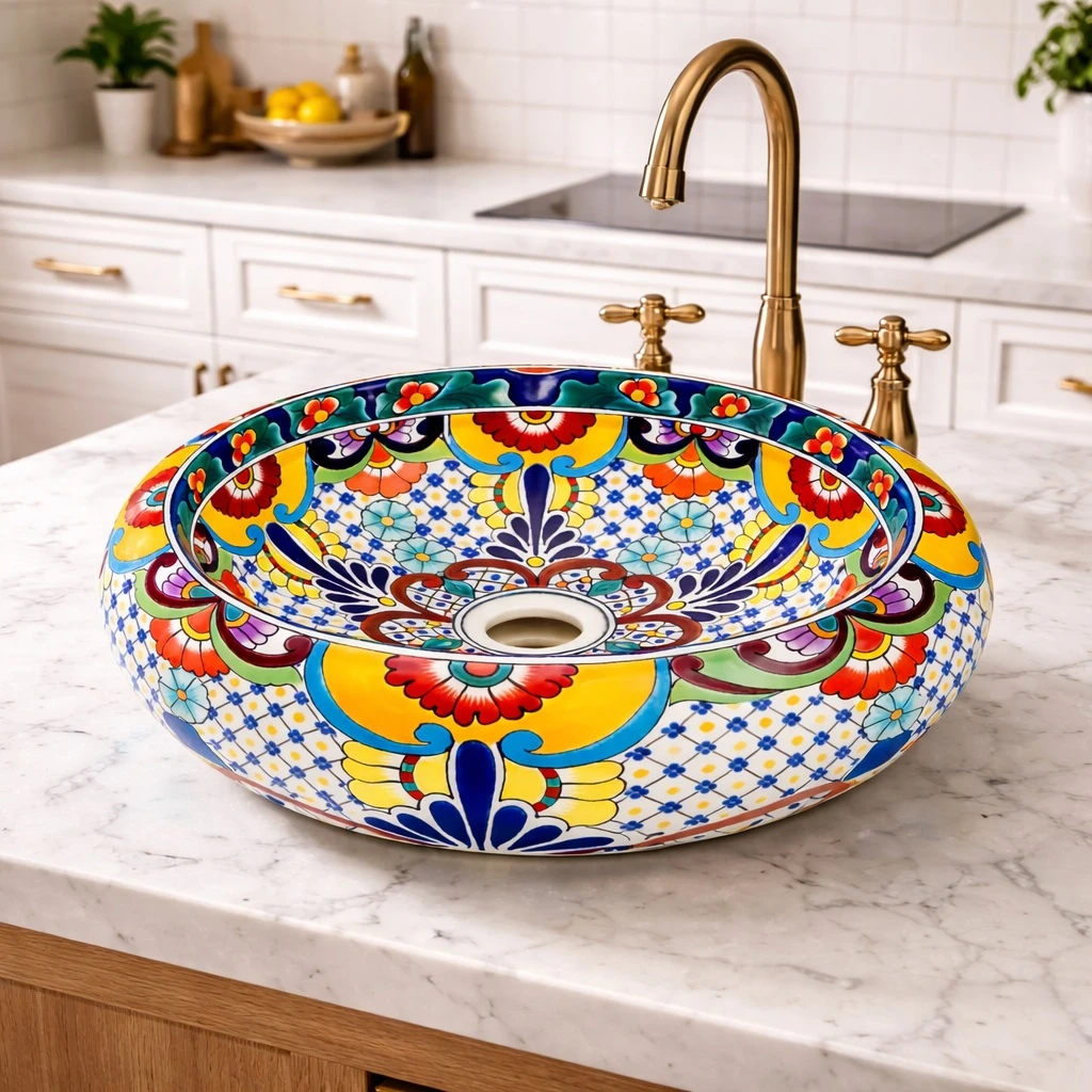 Talavera vessel Mexican bathroom sink floral lattice design in a bright kitchen island with clean countertops and natural light