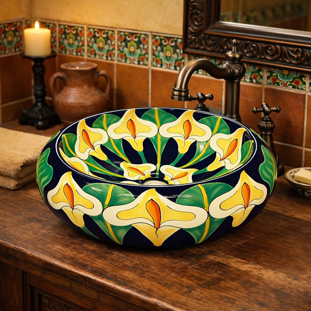 Talavera vessel bathroom sink calla lily floral design in hacienda bathroom with rustic tones