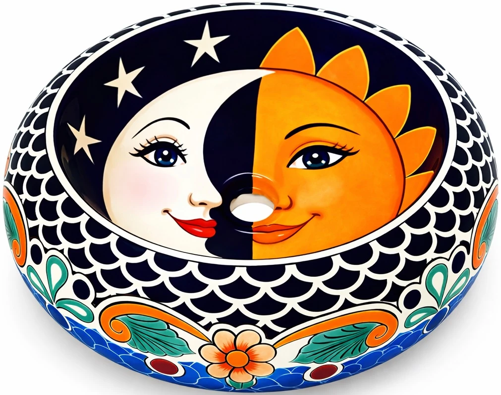 Talavera vessel Mexican bathroom sink sun moon design