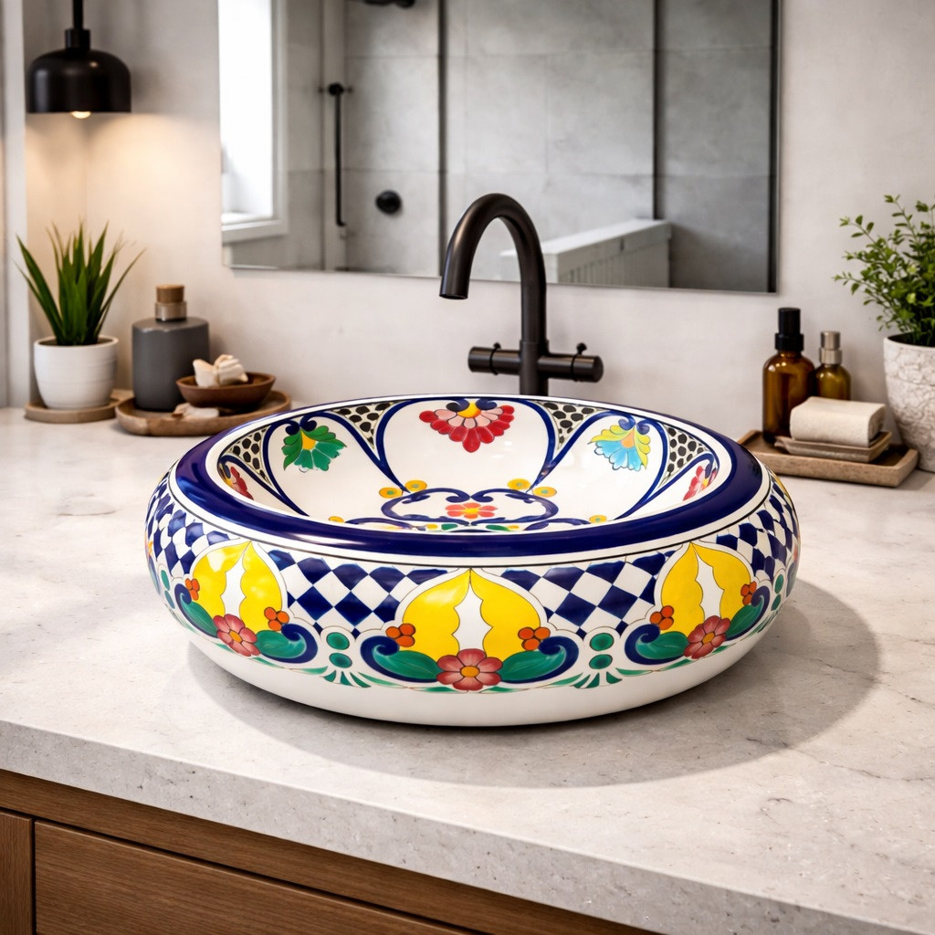 Round talavera vessel Mexican bathroom sink yellow floral in modern bathroom with clean lines