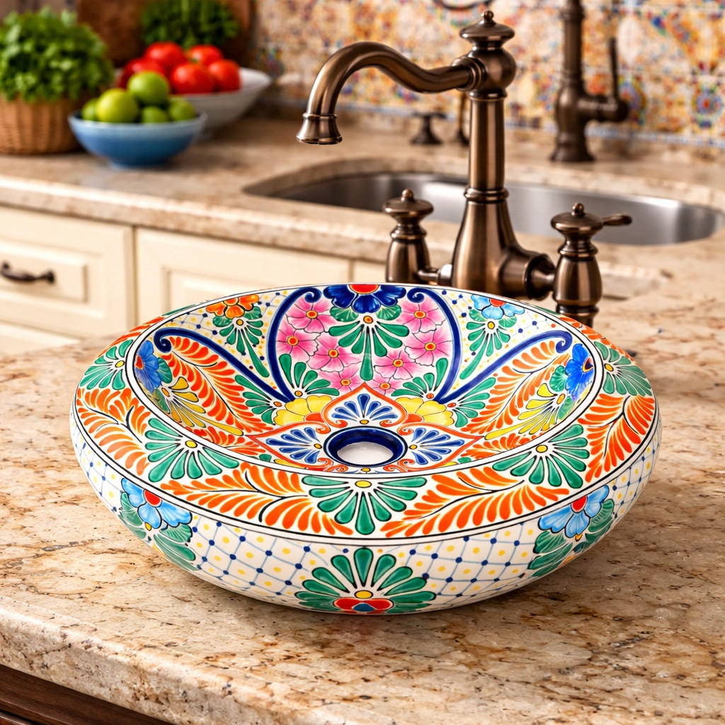 Talavera vessel bathroom sink symmetric floral design on a handcrafted kitchen island with vibrant artisan decor