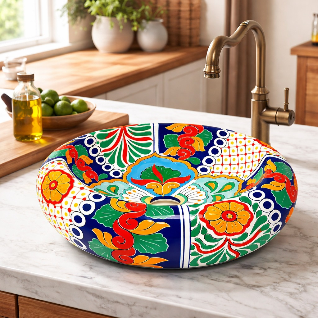 Round talavera vessel Mexican bathroom sink multicolor floral on kitchen island with natural light