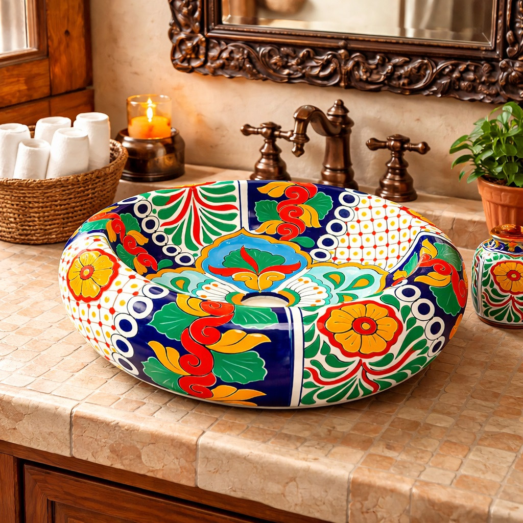 Round talavera vessel Mexican bathroom sink multicolor floral in restaurant restroom with artisan decor