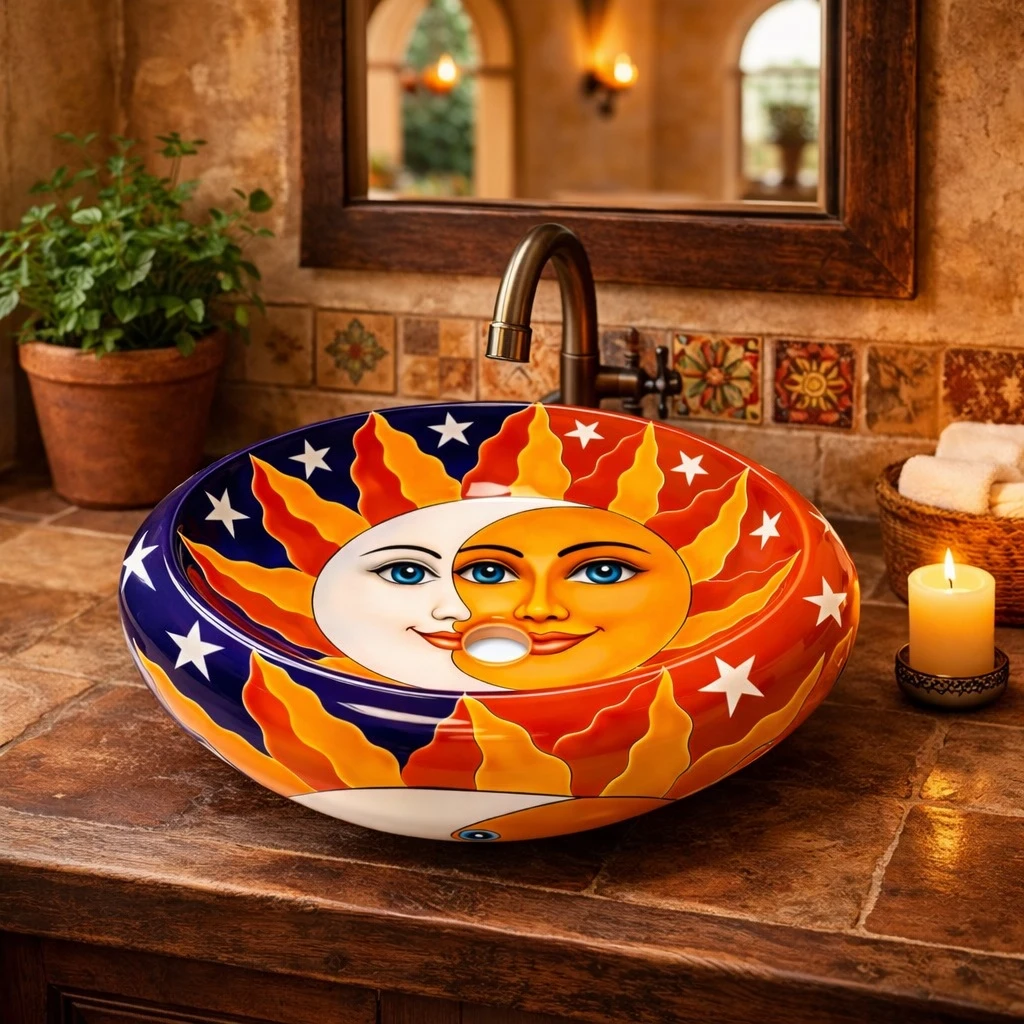 Talavera eclipse with sun and moon vessel bathroom sink styled in a hacienda bathroom with earthy textures and natural light