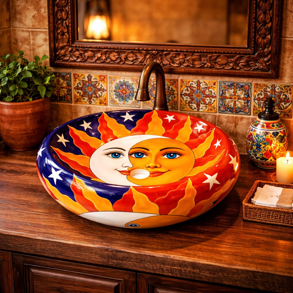 Talavera eclipse with sun and moon vessel bathroom sink placed on a Spanish vanity with rustic wood and traditional tile accents