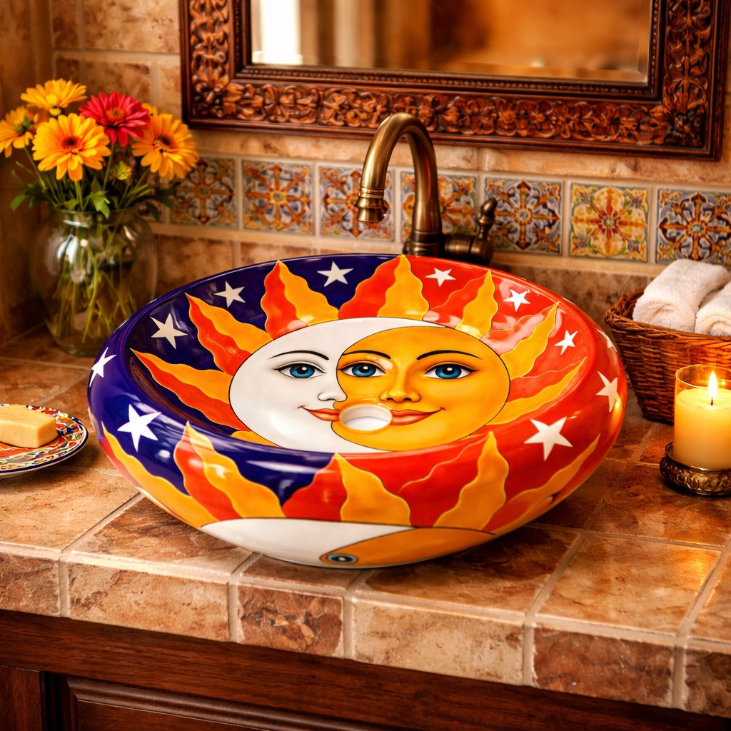 Talavera eclipse with sun and moon vessel bathroom sink featured in a colonial bathroom with warm tones and handcrafted details