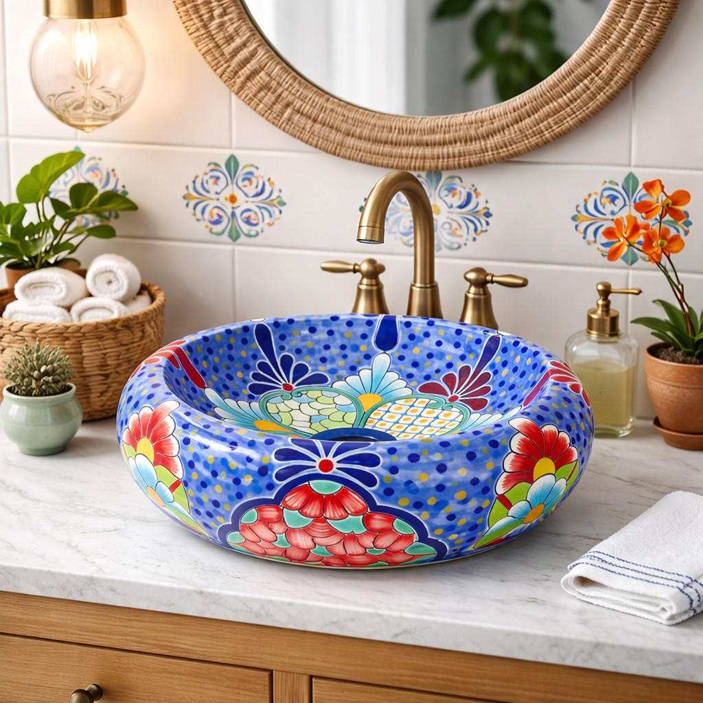 Blue dotted talavera vessel Mexican bathroom sink design in house bathroom with bright space and artisan details